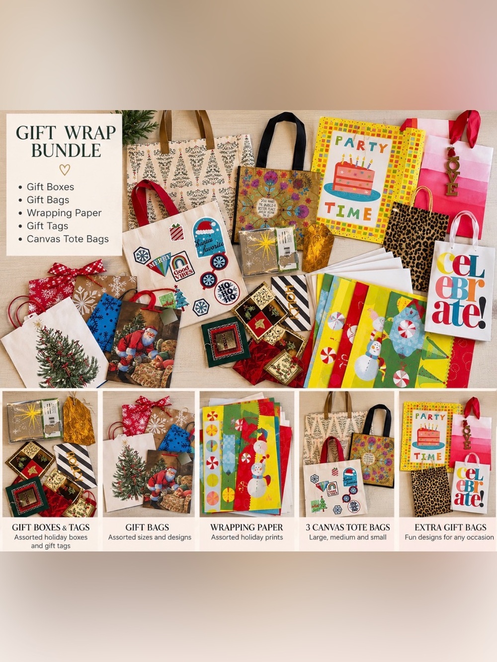 Large Gift Wrap Bundle Christmas Birthday Gift Bags Boxes Tags & Canvas Totes
